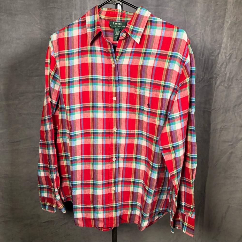 RALPH LAUREN 100% LINEN Sz Large Plaid Button Down Flannel Shirt Red Multicolor